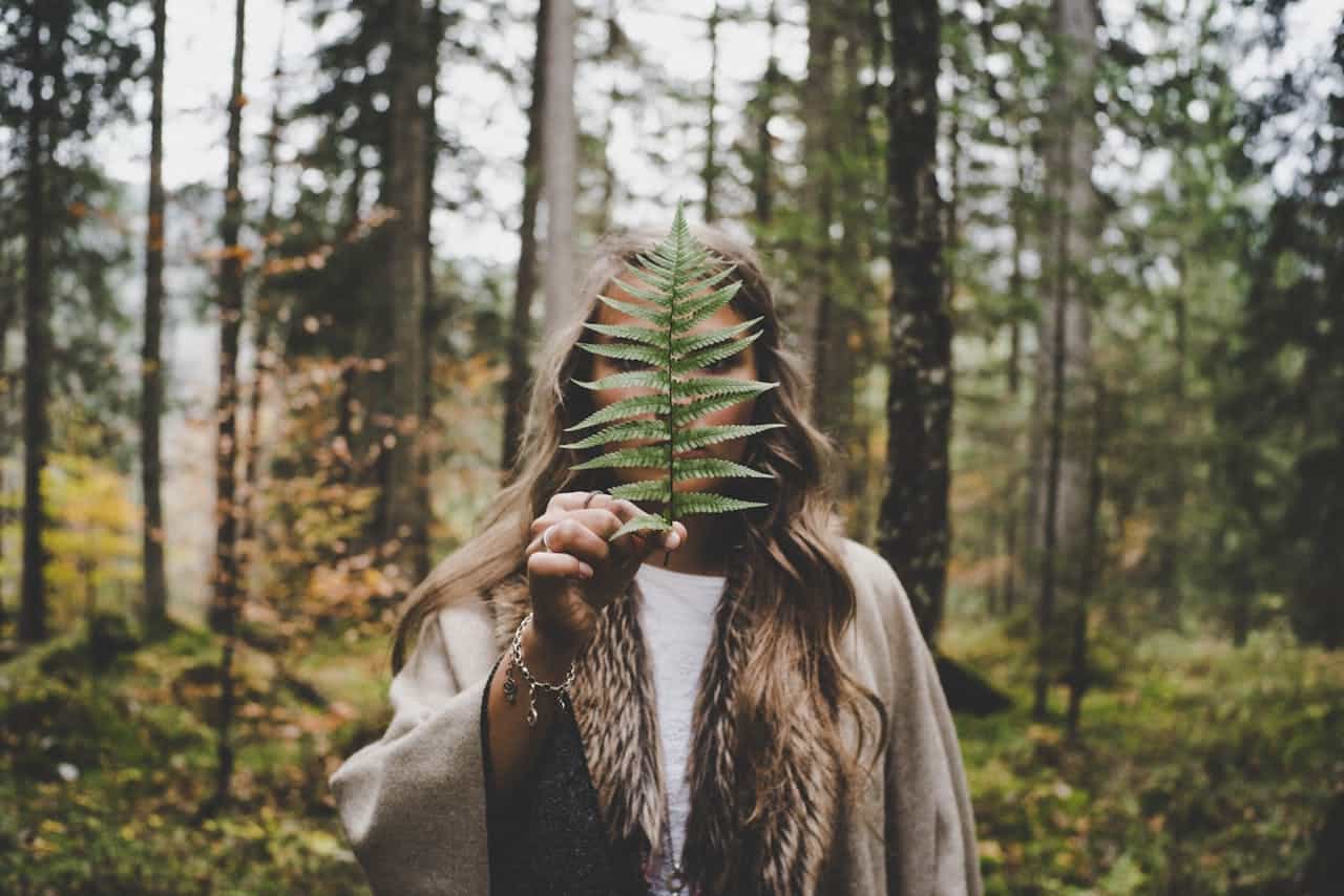 Photo by Lucas Allmann: https://www.pexels.com/photo/woman-standing-at-woods-holding-green-plant-612891/