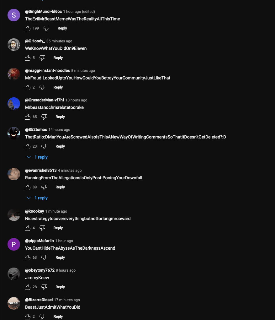 Comments in Mr. Beast latest video