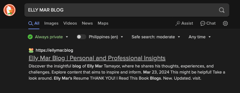 My website showing in Duck Duck Go's search result