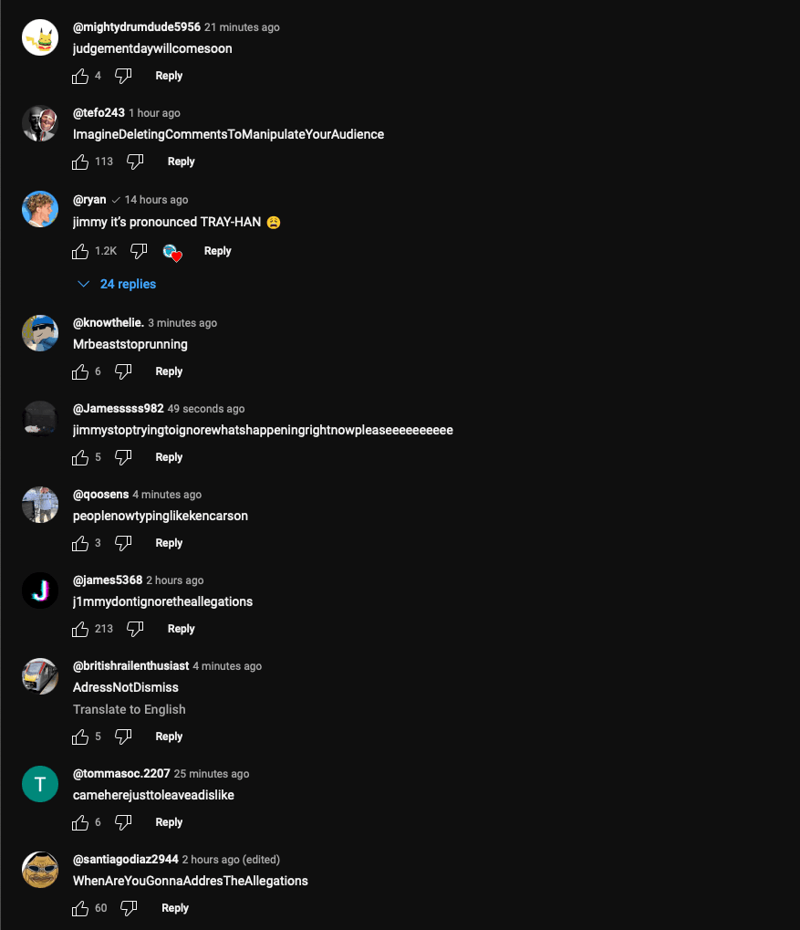 Comments in Mr. Beast latest video